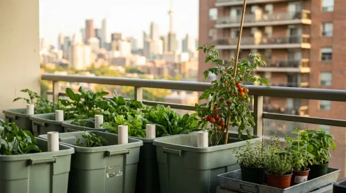 Toronto balcony with sub-irrigated planters and a cherry tomato in late light, urban farming above the city skyline