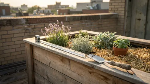 Sensory garden on a Toronto rooftop — accessible raised bed with a tape measure, lavender, and lamb's ear in golden hour