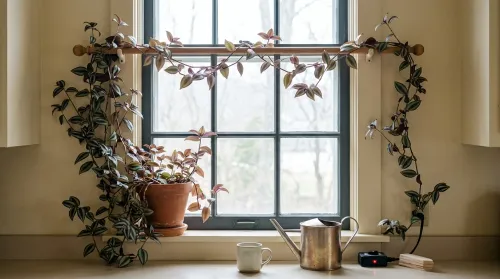 Indoor gardening detail: a Tradescantia zebrina trailing twelve feet across a kitchen window from a single terracotta pot