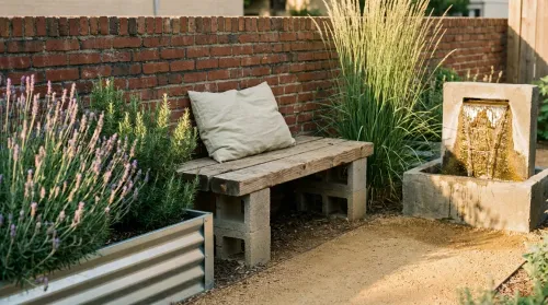 Small urban healing garden in golden light: timber bench by a brick wall, raised bed of lavender, fountain, ornamental grass