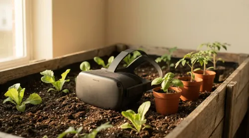 A charcoal VR headset resting on dark planter soil among young vegetable seedlings in a virtual garden scene