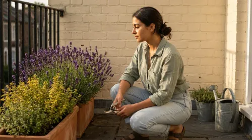 Young gardener tending a terracotta trough of lavender and golden marjoram on a Bristol balcony in golden-hour light