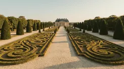 Symmetrical clipped box parterres on a central gravel axis at golden hour, one of the world's grand garden styles